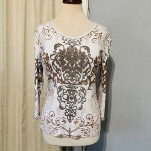 Cactus Bay Womens M White Brown Damask Rhinestone Long Sleeve Shirt Top USA Made